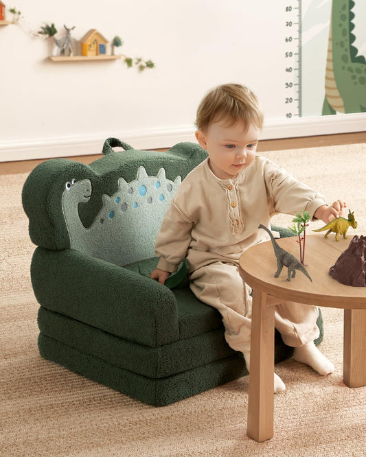 Blissful Diary Foldable Kids Couch, 2-in-1 Kids Sofa Chair, Green Dinosaur