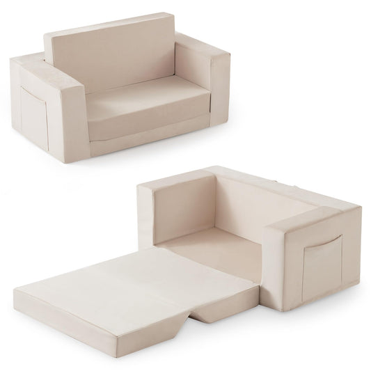Zorvoxz Toddler Couch Chair, Extra Wide Foldable Kid Chairs Comfy, Beige
