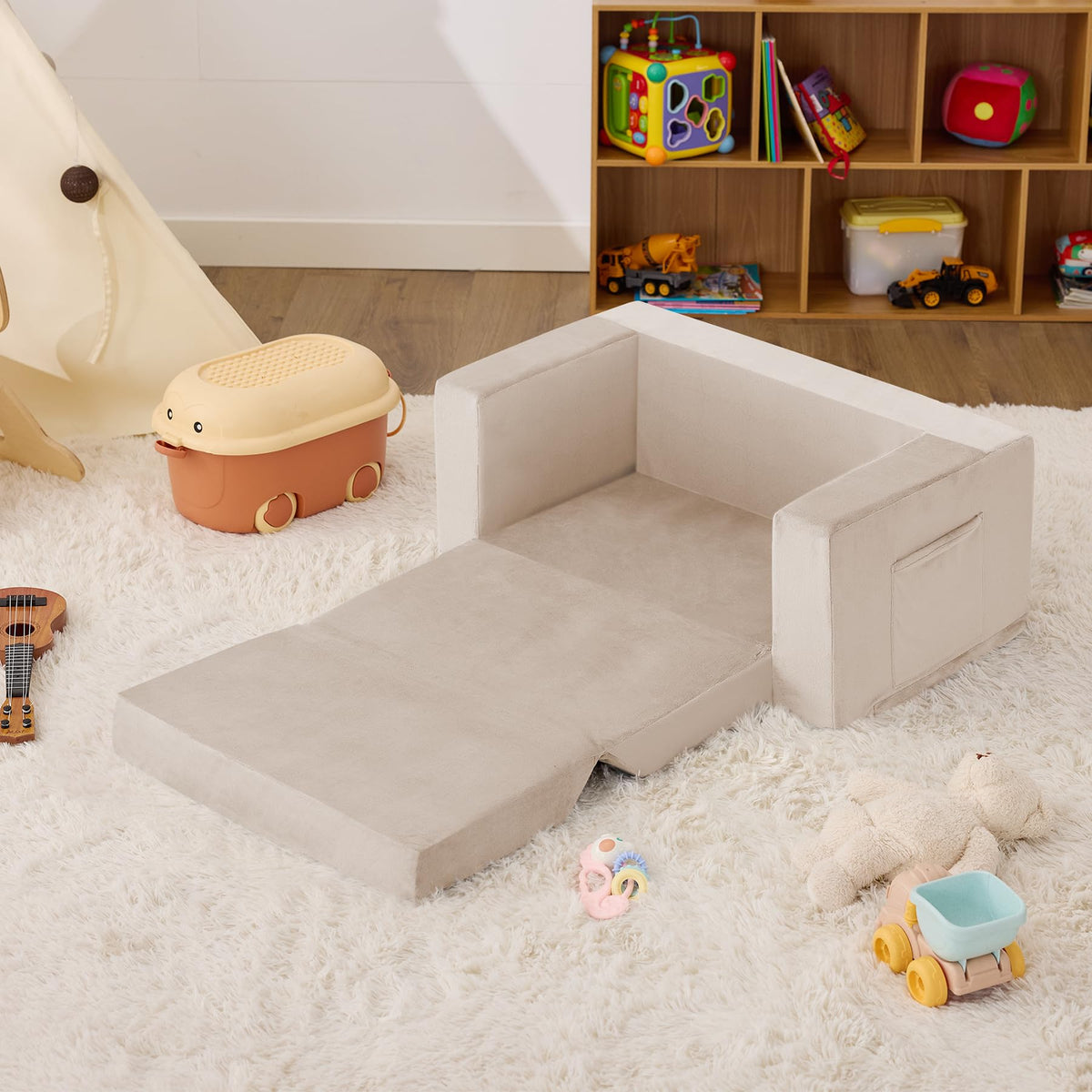 Zorvoxz Toddler Couch Chair, Extra Wide Foldable Kid Chairs Comfy, Beige