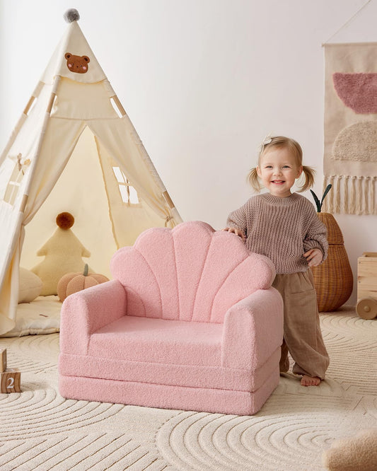 Blissful Diary Foldable Kids Couch, 2-in-1 Kids Sofa Chair, Pink Shell