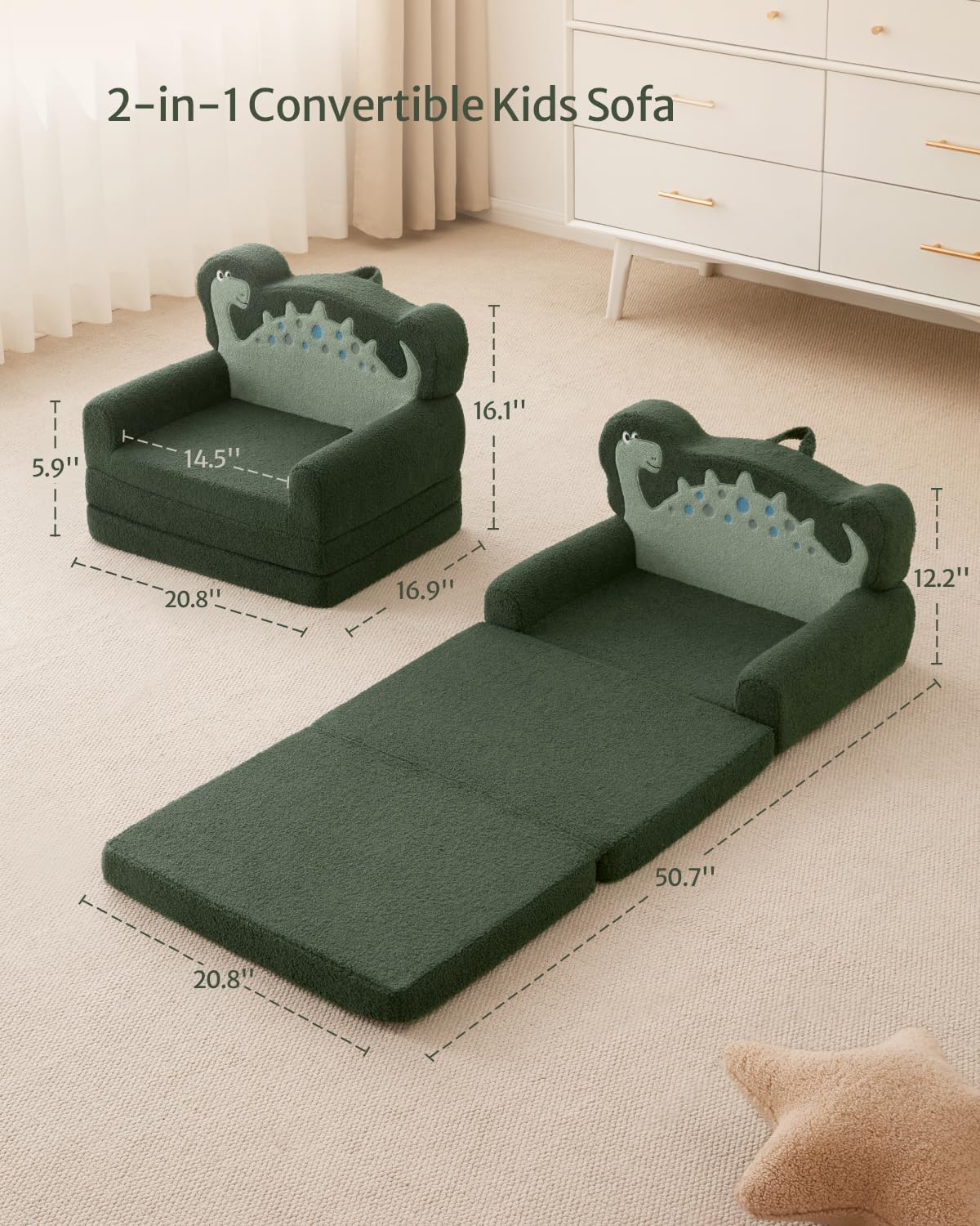 Blissful Diary Foldable Kids Couch, 2-in-1 Kids Sofa Chair, Green Dinosaur