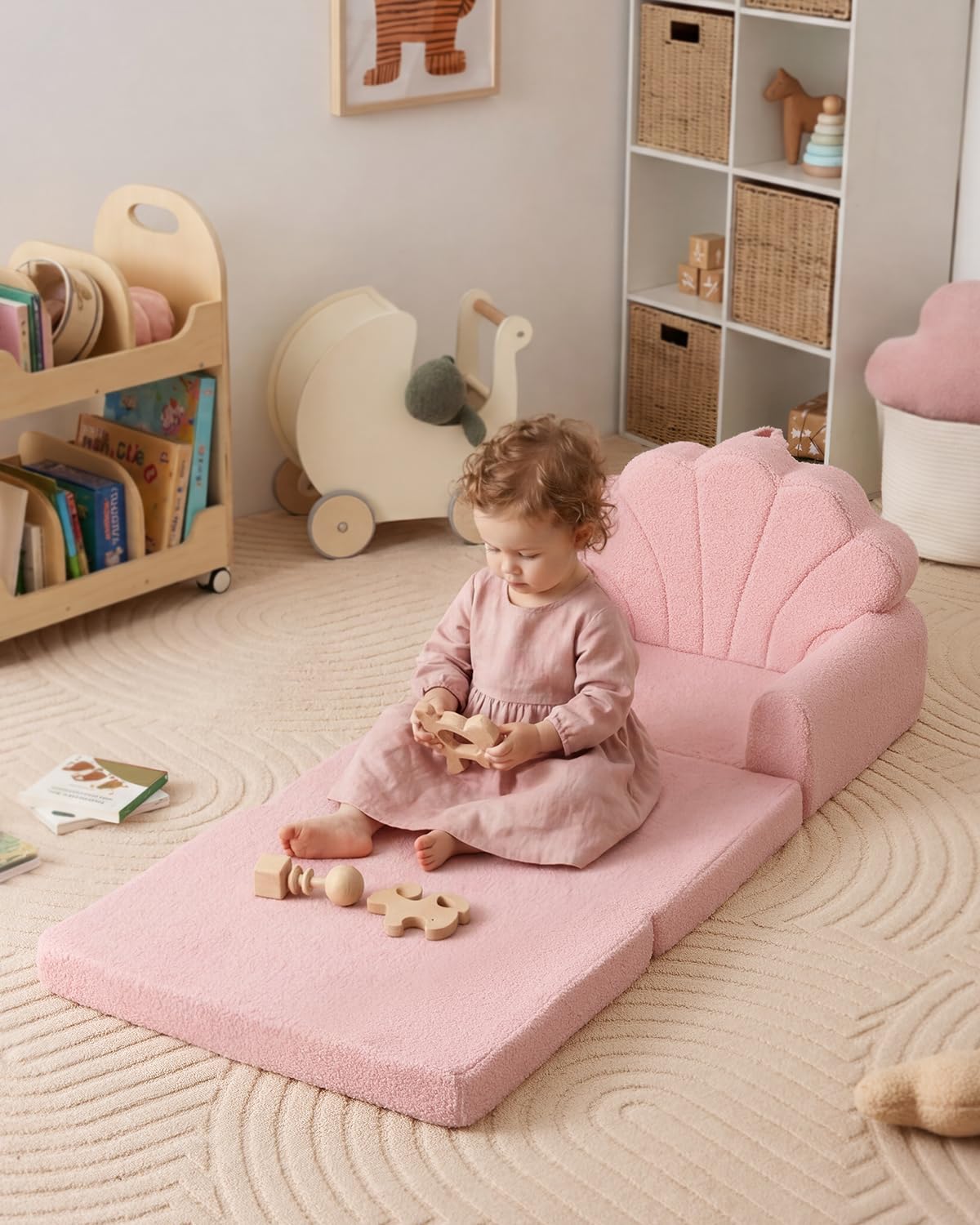Blissful Diary Foldable Kids Couch, 2-in-1 Kids Sofa Chair, Pink Shell