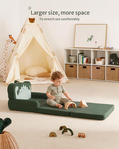 Blissful Diary Foldable Kids Couch, 2-in-1 Kids Sofa Chair, Green Dinosaur