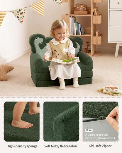 Blissful Diary Foldable Kids Couch, 2-in-1 Kids Sofa Chair, Green Dinosaur