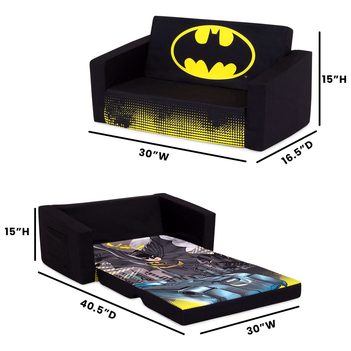 Delta Children Batman Cozee Flip-Out Sofa - 2-in-1 Convertible Sofa to Lounger for Kids