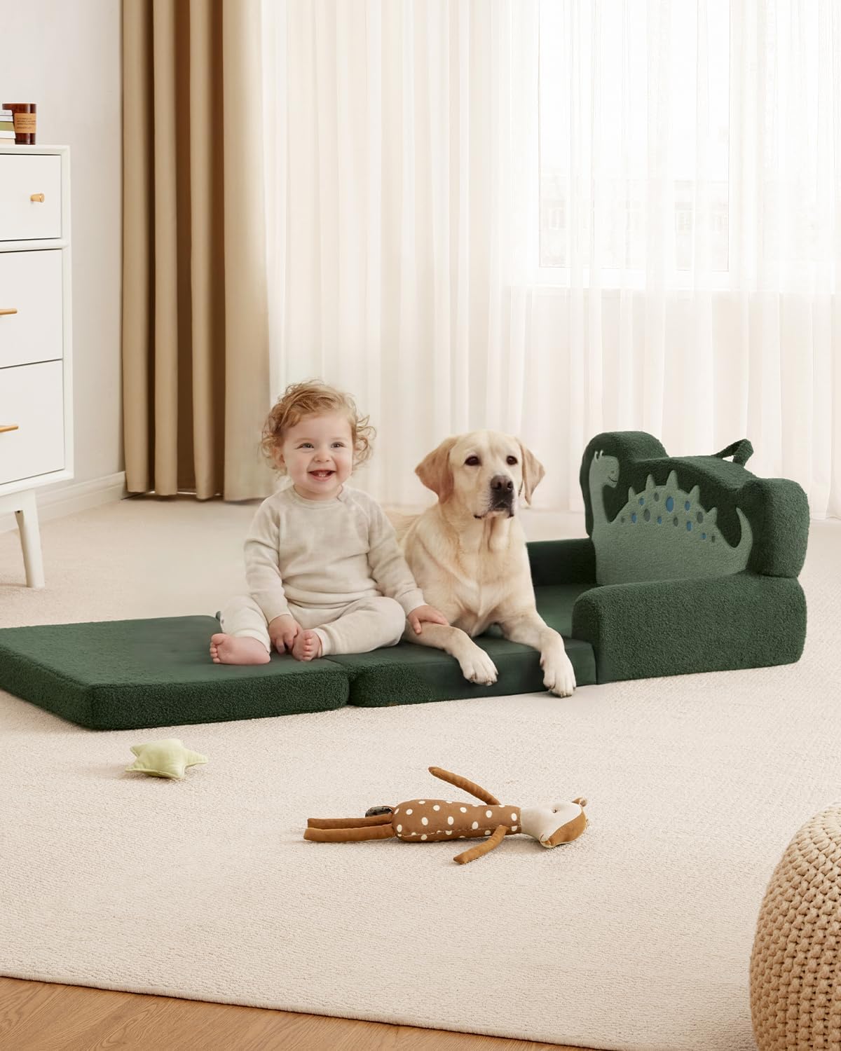 Blissful Diary Foldable Kids Couch, 2-in-1 Kids Sofa Chair, Green Dinosaur