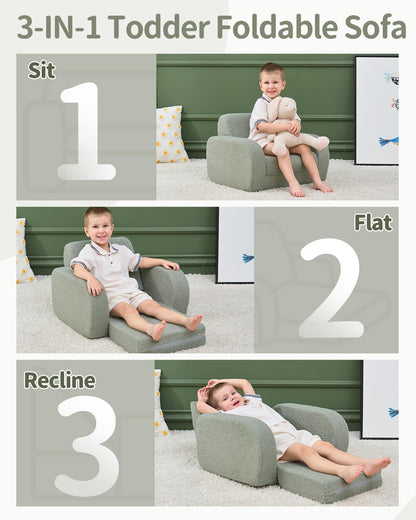 KidBloom 3-in-1 Toddler Couch, Toddler Chairs Comfy 2-3 Years Old, Green