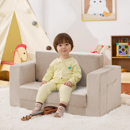 Zorvoxz Toddler Couch Chair, Extra Wide Foldable Kid Chairs Comfy, Beige