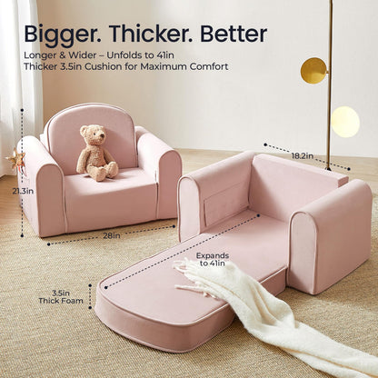 Tiny Land 2-in-1 Foldable Kids Couch with Pocket Soft Thick Toddler Sofa