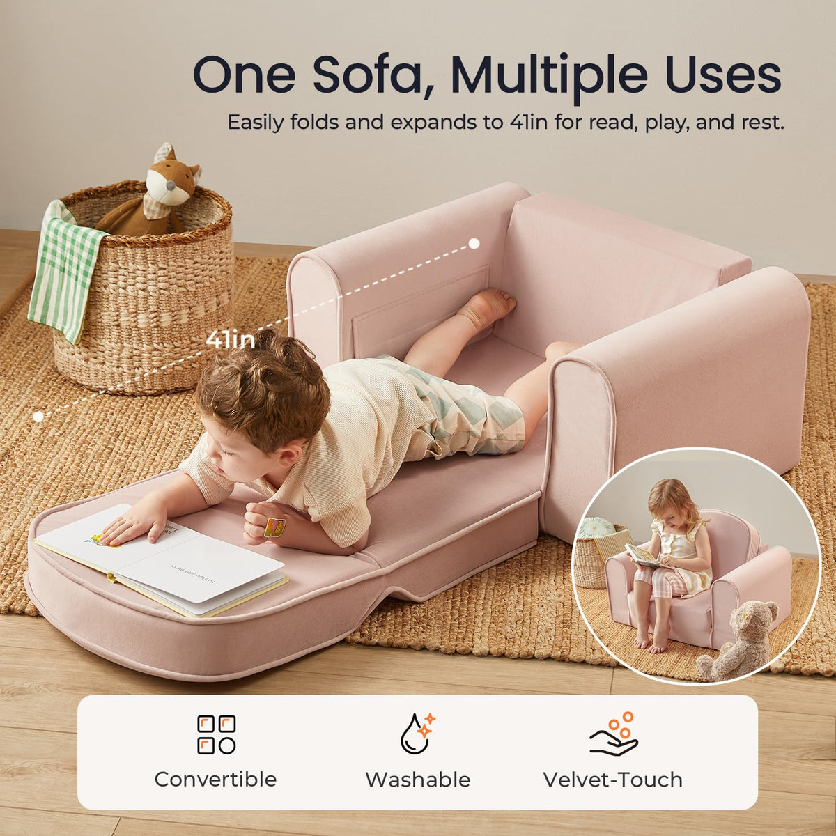Tiny Land 2-in-1 Foldable Kids Couch with Pocket Soft Thick Toddler Sofa