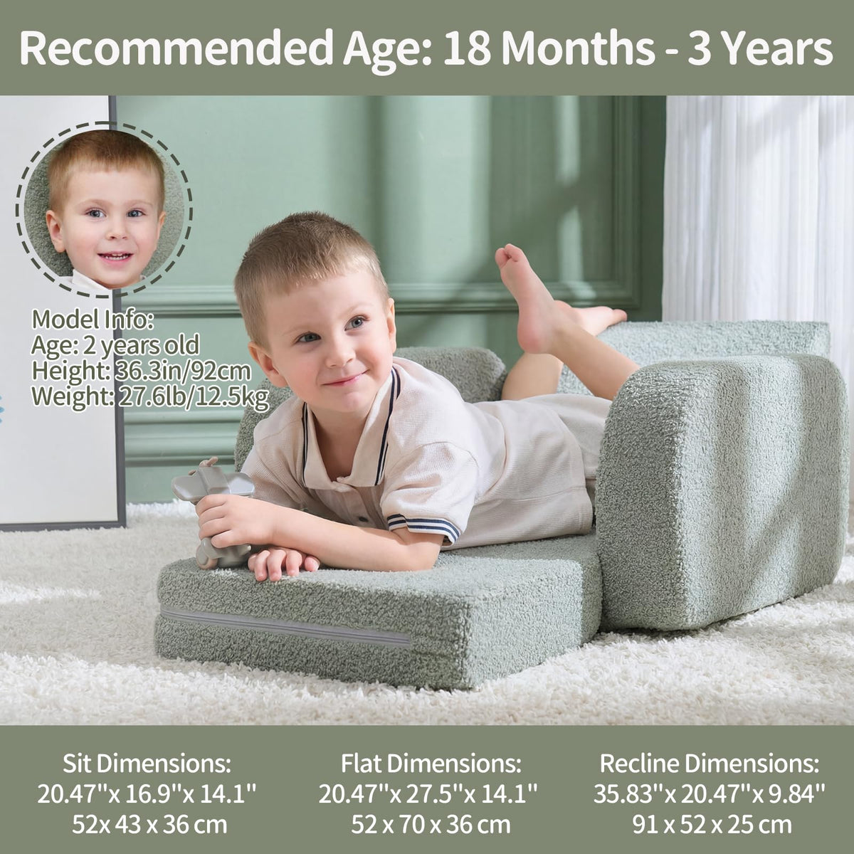 KidBloom 3-in-1 Toddler Couch, Toddler Chairs Comfy 2-3 Years Old, Green