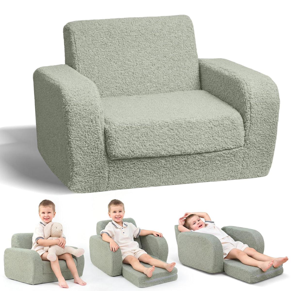 KidBloom 3-in-1 Toddler Couch, Toddler Chairs Comfy 2-3 Years Old, Green