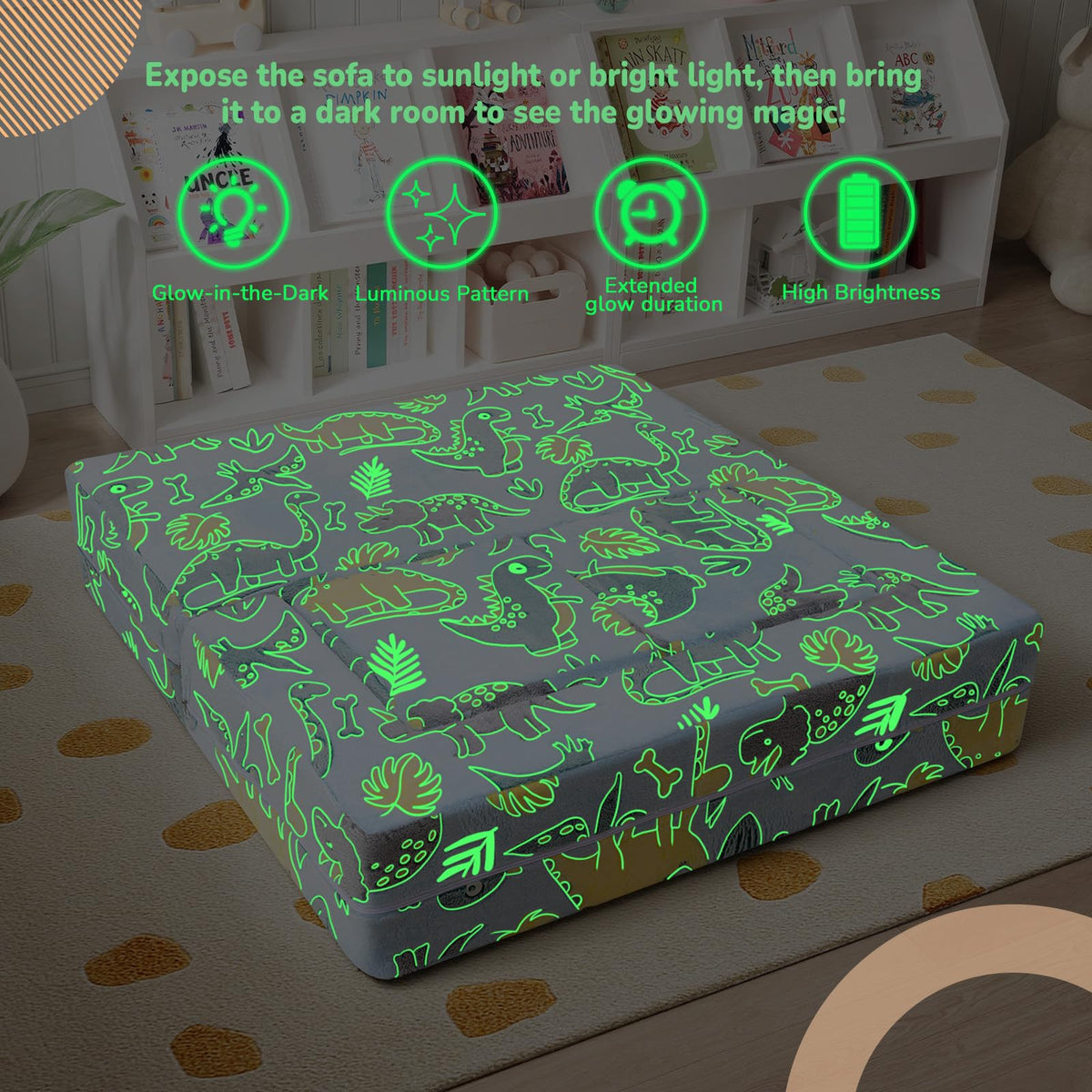 MeMoreCool Glow in Dark Dinosaur Kids Couch, Fold Out Loveseat Sofa