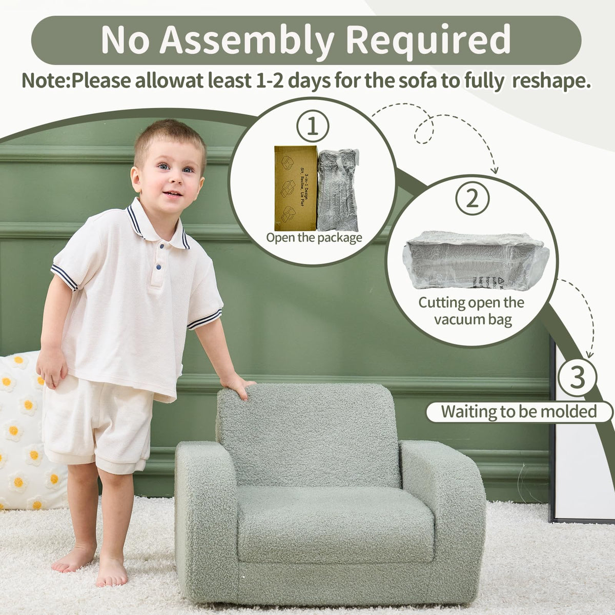 KidBloom 3-in-1 Toddler Couch, Toddler Chairs Comfy 2-3 Years Old, Green
