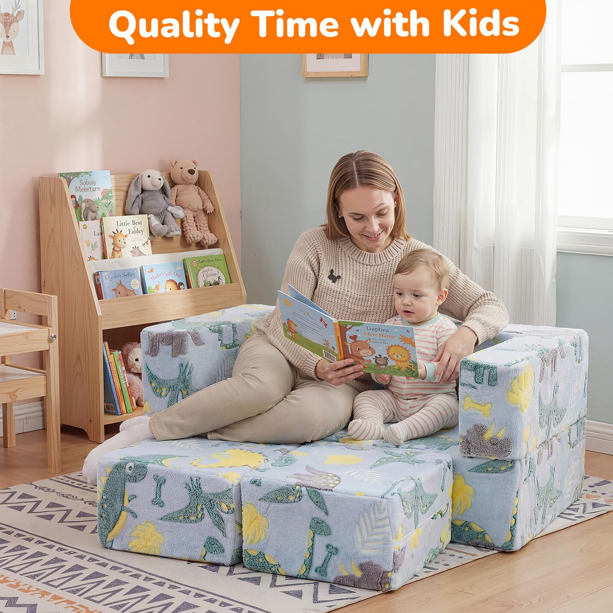 MeMoreCool Glow in Dark Dinosaur Kids Couch, Fold Out Loveseat Sofa
